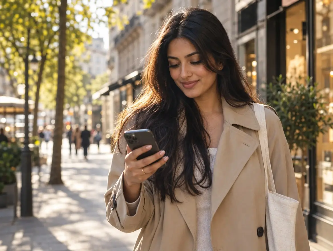 A lash artist walking down a sunny street, looking at her phone
