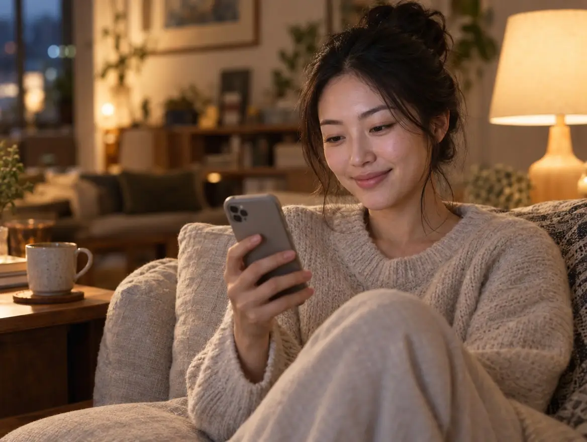 An esthetician on her sofa in the evening, looking at her phone