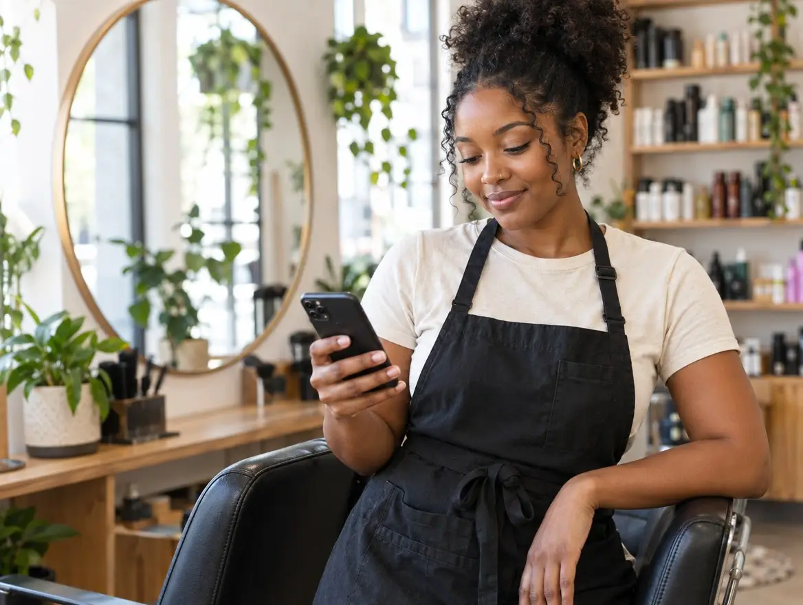 A hairstylist in her studio looking at her phone between clients