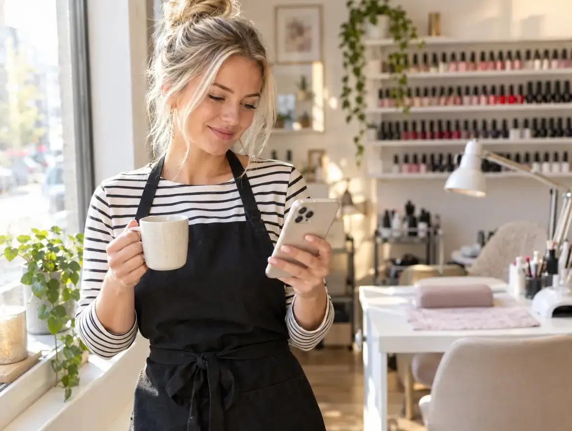 A nail artist checking her phone over a morning coffee