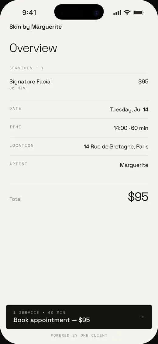A booking page in the Aube theme