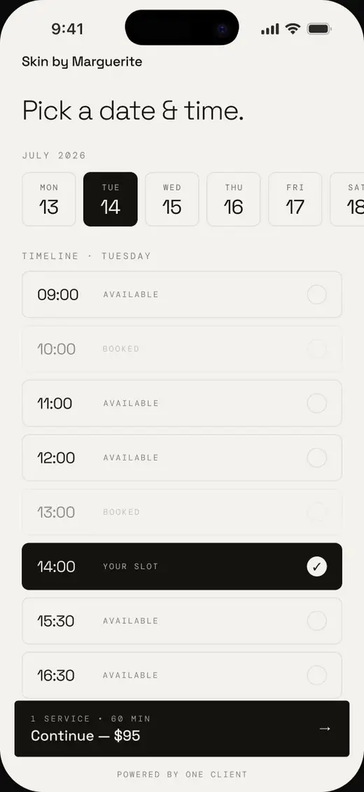 A booking page in the Aube theme