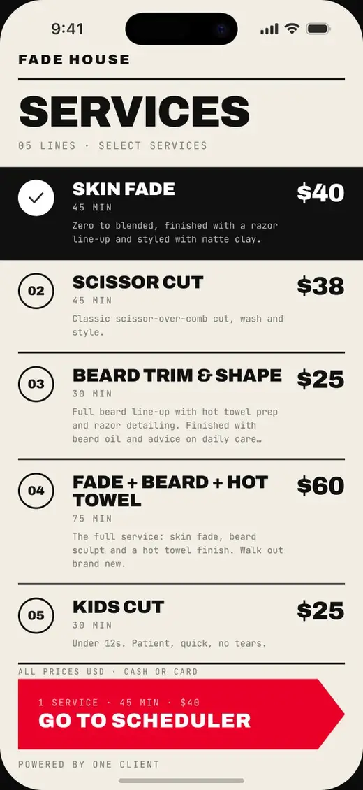 A booking page in the Cut theme