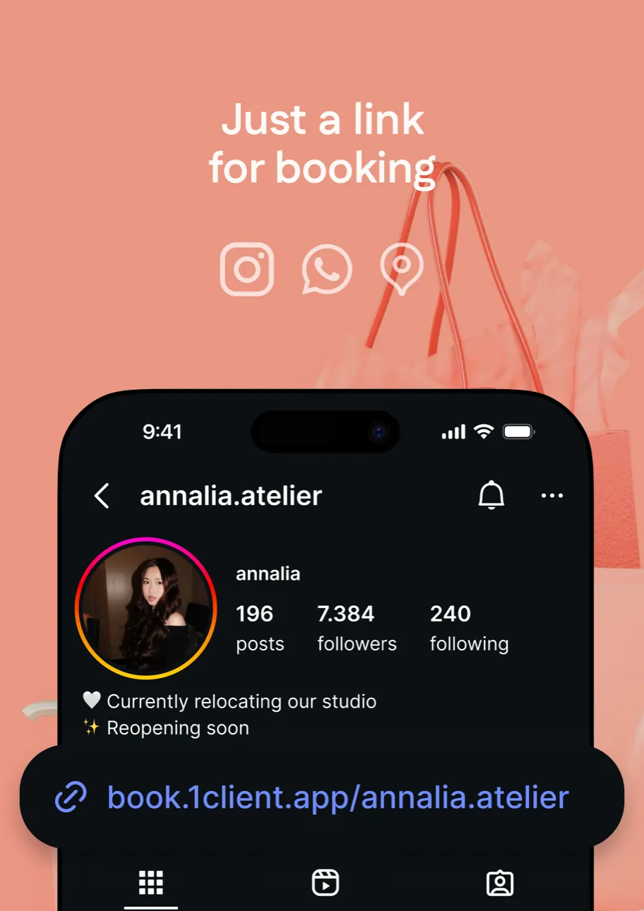 Instagram profile with a book.1client.app/annalia.atelier booking link