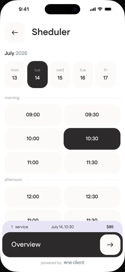 A booking page in the OneClient theme