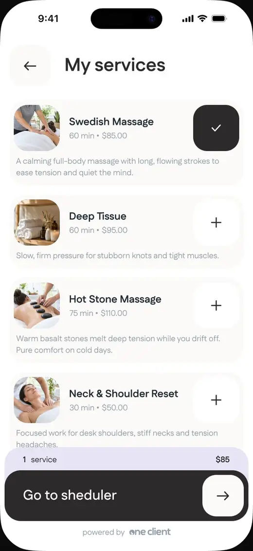 A booking page in the OneClient theme
