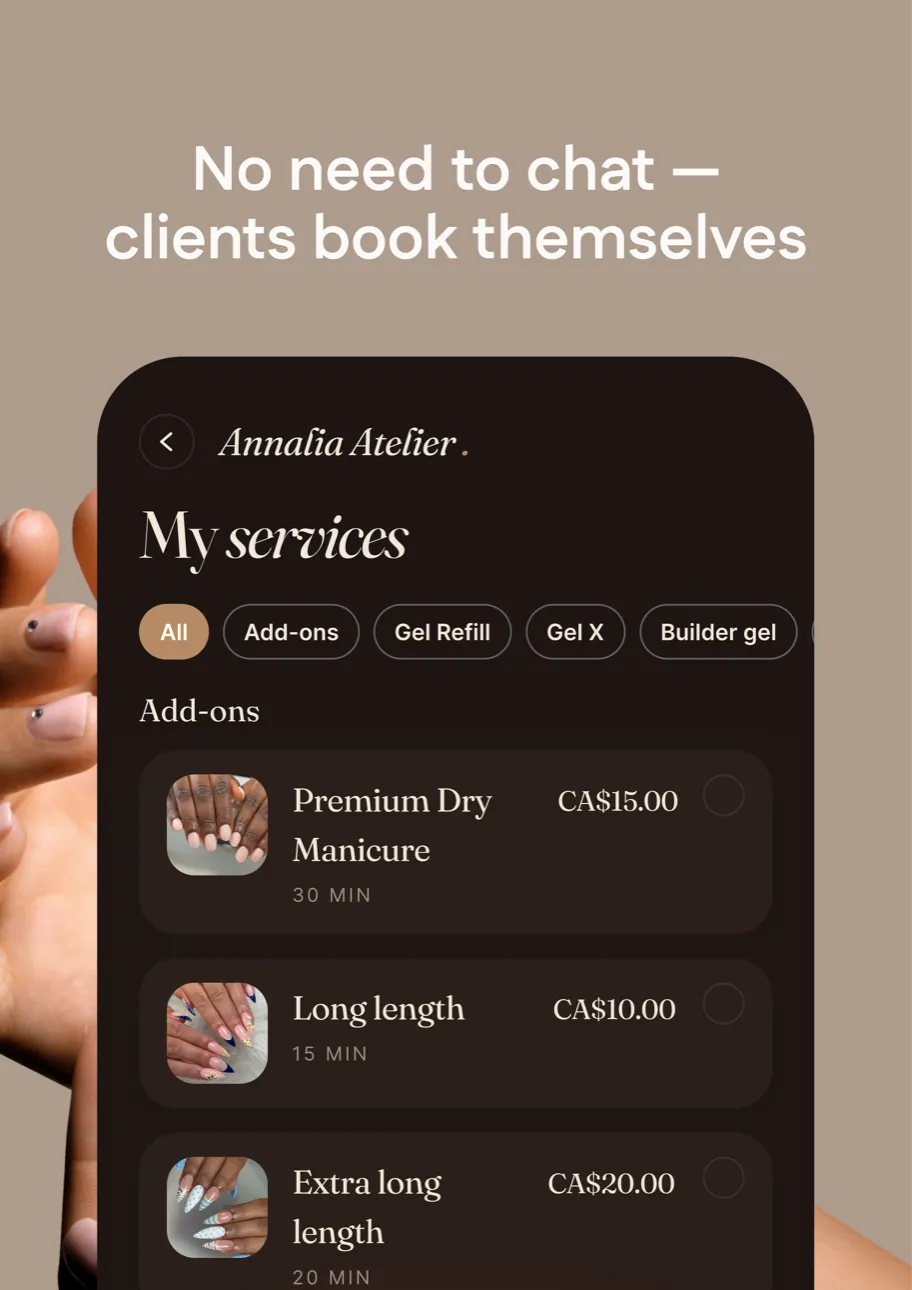 OneClient booking page — clients book themselves from the service list